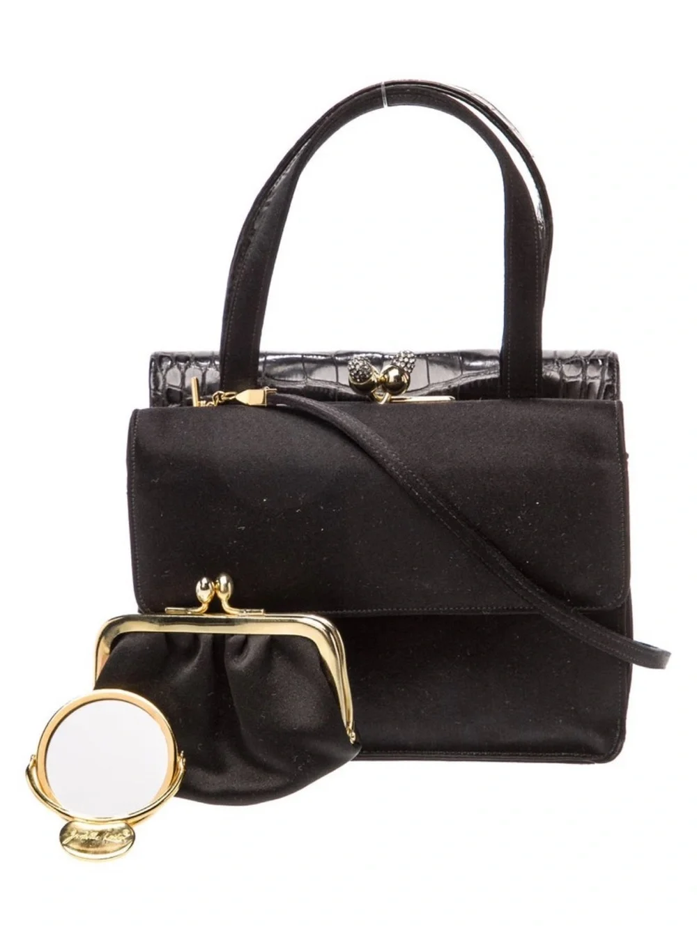 Judith Leiber Black Croc-Embossed Top-Handle Satchel with Gold Accent